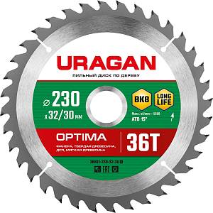 URAGAN Optima, 230 х 32/30 мм, 36Т, пильный диск по дереву (36801-230-32-36)