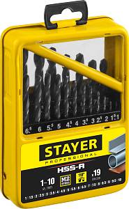STAYER HSS-R, 19 шт, (1-10 мм), быстрорежущая сталь P6M5, класс В, мет.бокс, набор сверл по металлу, Professional (29602-H19-M)